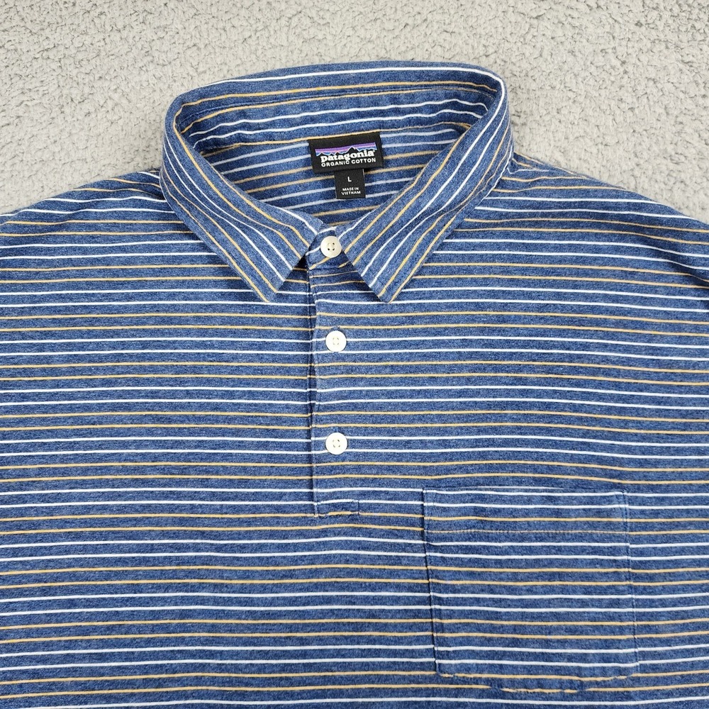 Patagonia Polo Shirt Mens Large Organic Cotton Blue Striped Pocket